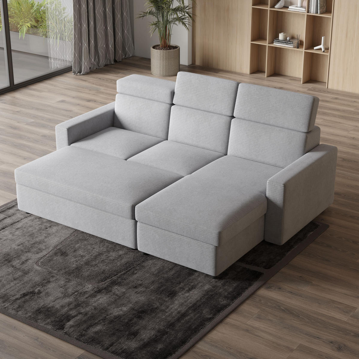 ECKSOFA PADWA Blau Kordstoff mit Schlaffunktion - Blau, Holz (227/168cm) - MASSENO