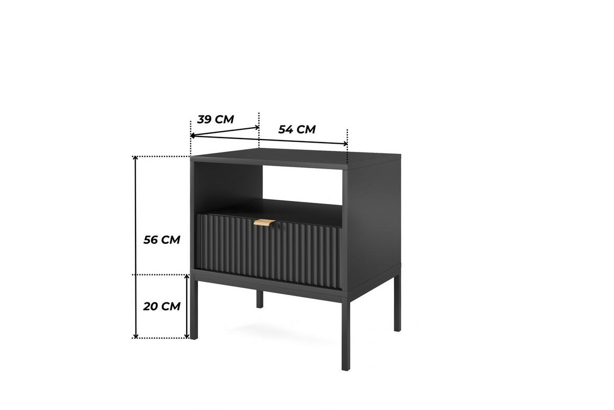 SCHWARZER Moderner Geriffelter Nachttisch KIOTO SN1SZ (Schwarzes Gestell, Vollauszug) - Goldfarben/Schwarz, Holz/Holzwerkstoff (54/56/39cm) - Ravio