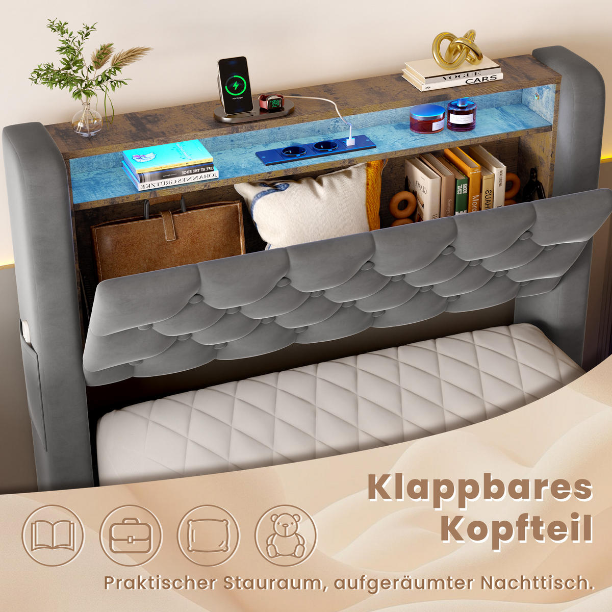 ČALÚNENÁ posteľ 90/190 cm, sivá, s hydraulickým úložným priestorom, LED osvetlením a USB portmi - sivá, textil (90/190cm) - OKWISH
