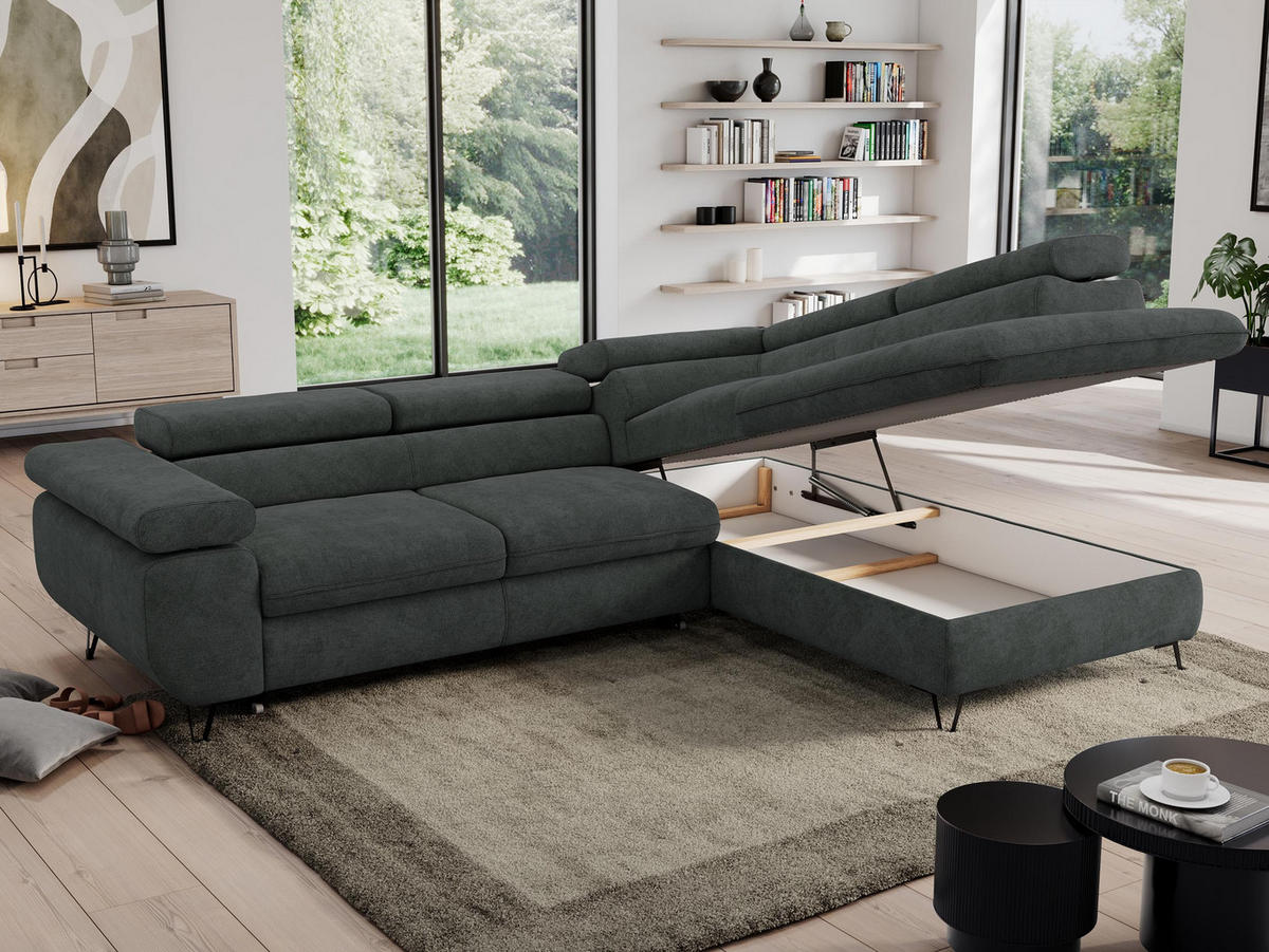 ECKSOFA PEDRO L Dunkelgrau Struktur - Rechts Seite - Dunkelgrau/Schwarz, Textil/Metall (273/208cm) - MKS