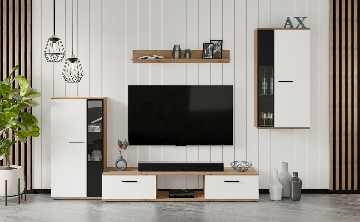 WOHNWAND Formilo Eiche, Artisan Weiß 294/180/40 cm Hochwertige TV Wohnwand - Hellbraun/Weiß, Holzwerkstoff/Kunststoff (294/180/40cm) - AX Living