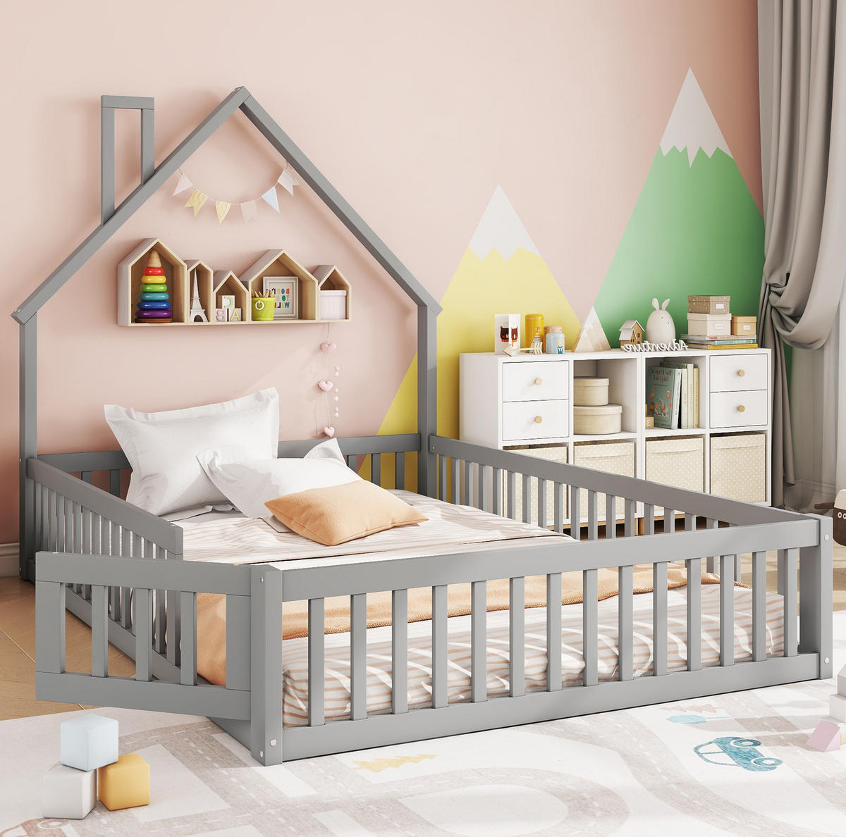 KINDERBETT 140/200 cm mit Schornsteinform, Sicherheitsgitter und Lattenrost, Kiefer /MDF, Grau - Grau, Holzwerkstoff (140/200cm) - Redom