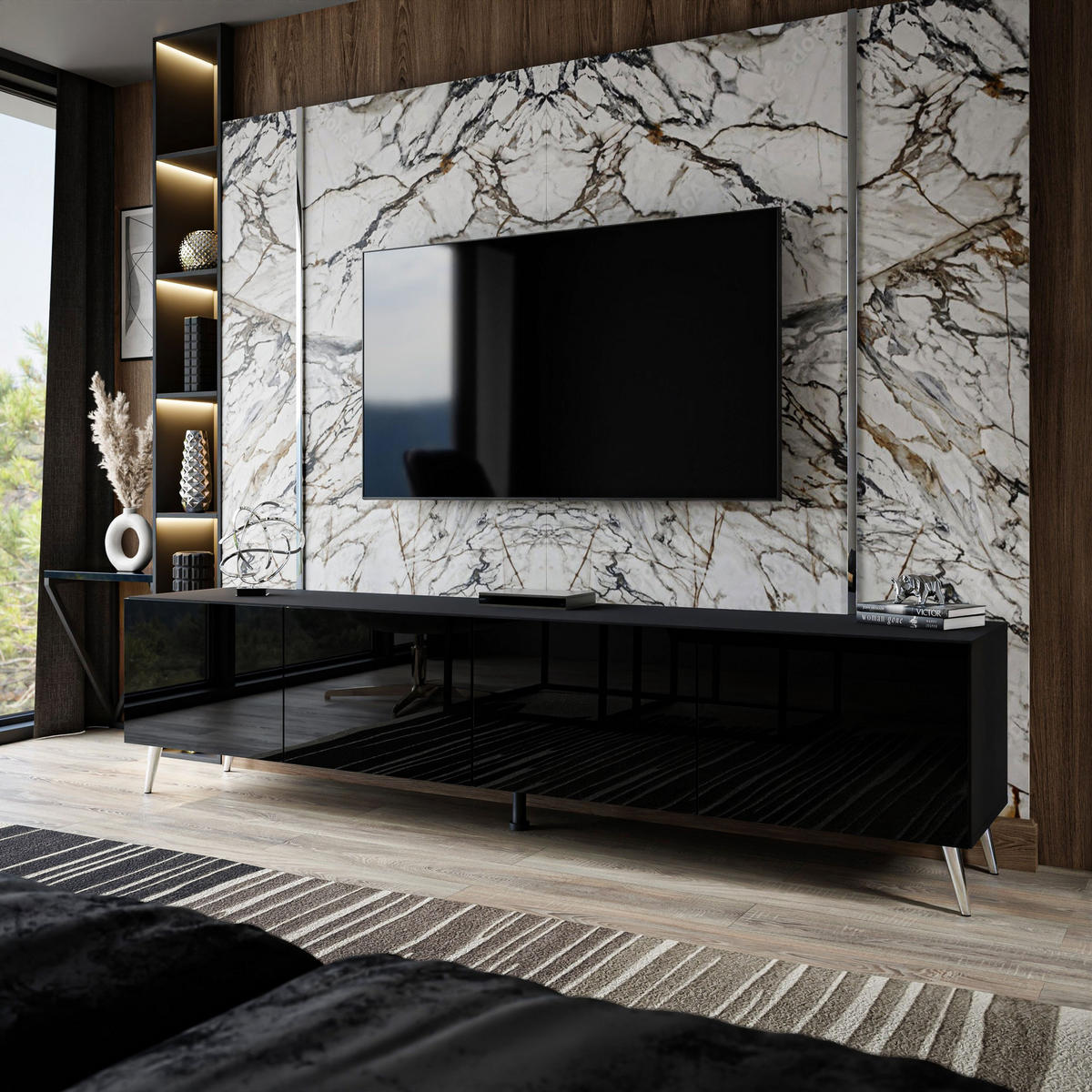 TV-ELEMENT AURA 200 Schwarz Hochglanz – Beinfarbe: Chrom - Schwarz, Holzwerkstoff (200/49/40cm) - Lookway