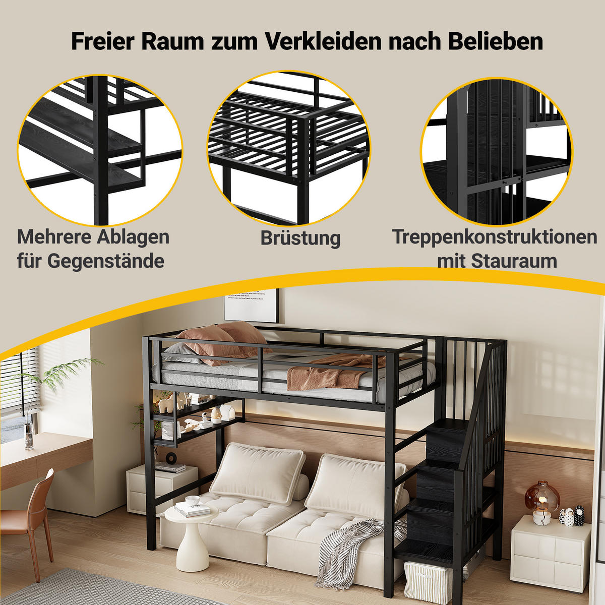 HOCHBETT 90x200cm Schwarz Einlegeböden Stauraumleiter Geländer - Schwarz, Metall (90/200cm) - FLIEKS