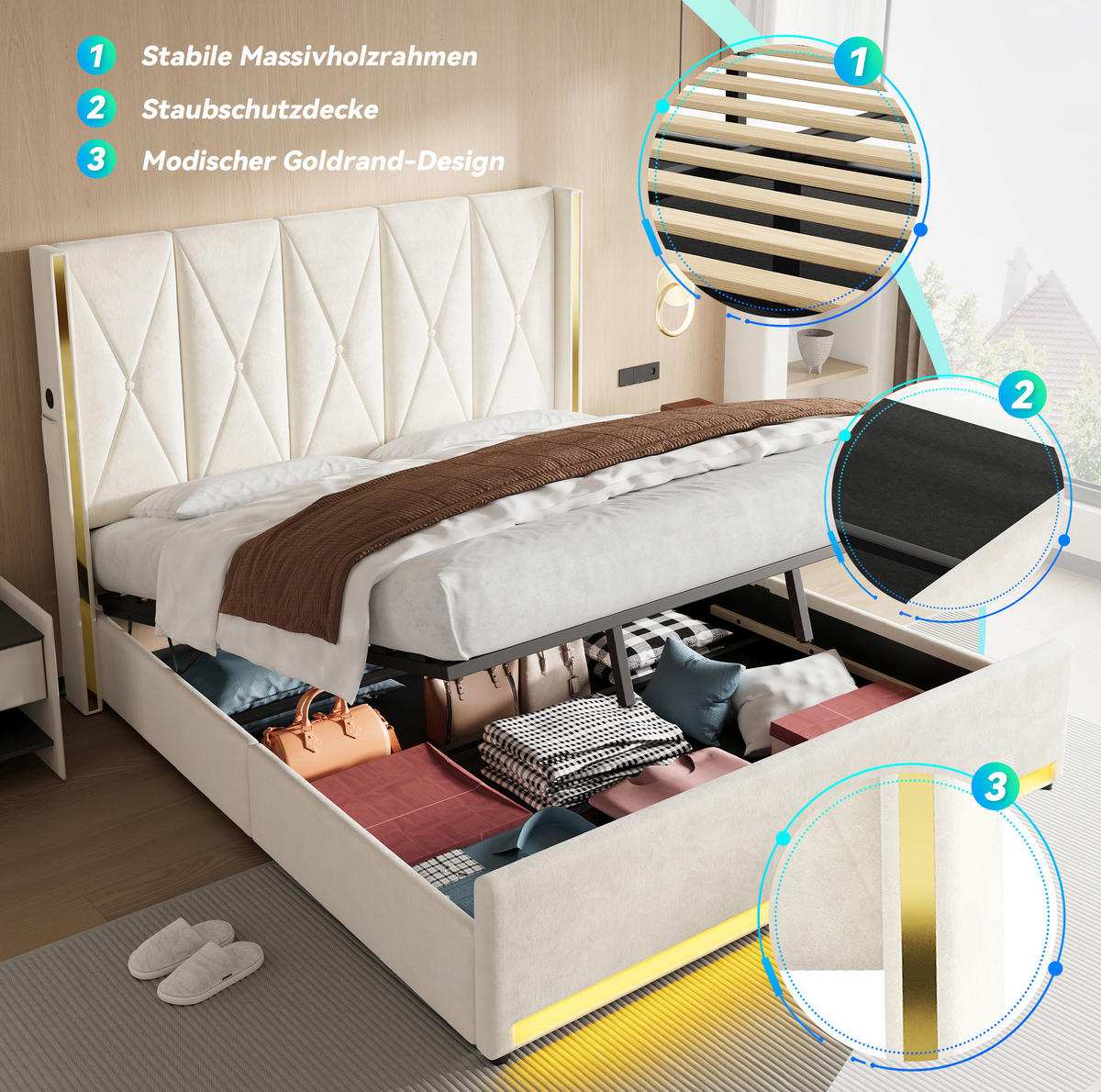 POLSTERBETT 180/200 cm in Beige aus Samt mit Stauraum und LED-Beleuchtung - Beige, Textil (180/200cm) - Flora Grace