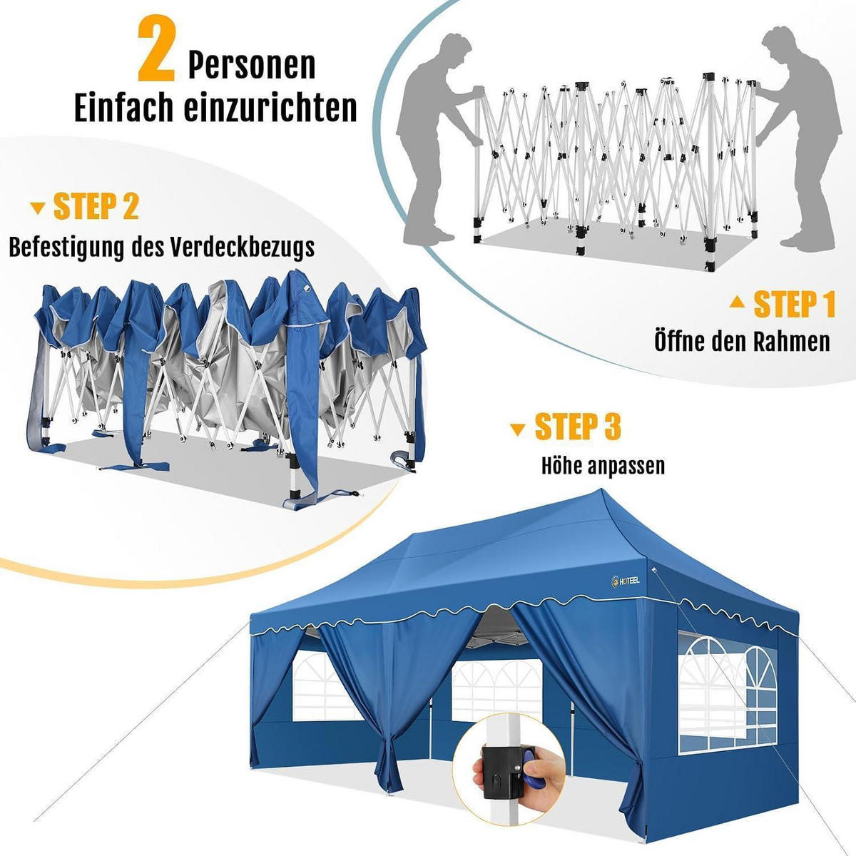 FALTPAVILLON 3x6m Himmelblau mit 6 Seitenwänden Wasserdicht UV Schutz 50+ - Blau, Textil (300/320/600cm)