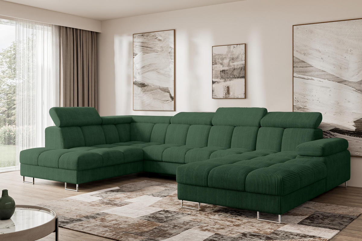 WOHNLANDSCHAFT mit Schlaffunktion und Bettkasten Ottomane Links COMA U 345x203x79 Grün Cord - Waldgrün, Holzwerkstoff/Textil (345/79/203cm) - ALTDECOR
