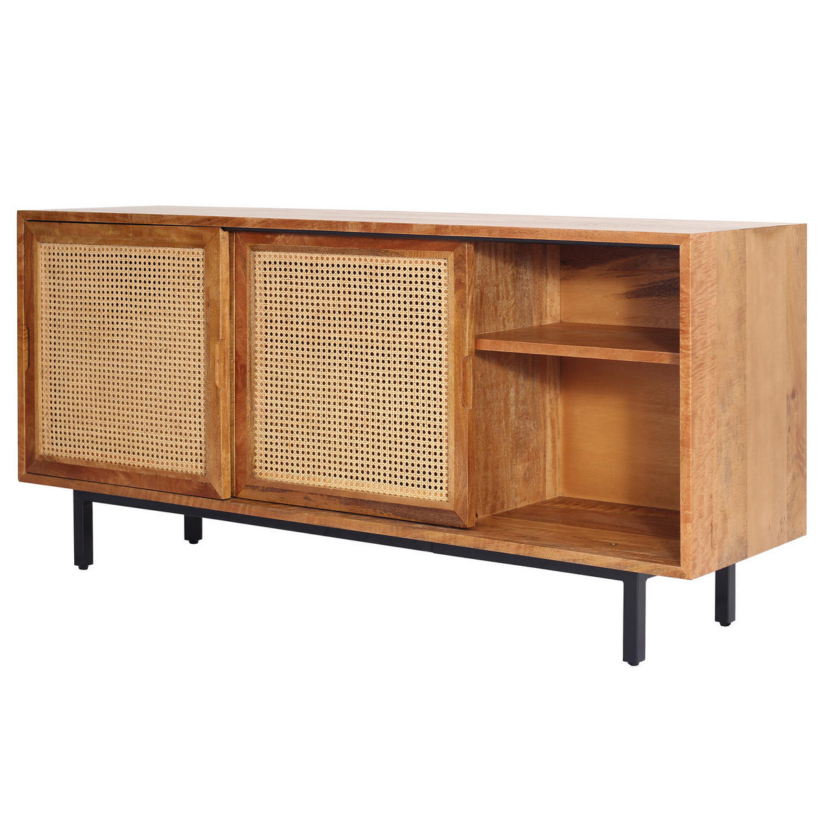 MASSIVES SIDEBOARD mit 3 Türen - Mango massiv / Wiener Geflecht - Mango / Beige - Braun, Naturmaterialien/Holz (160/75/43cm) - home24
