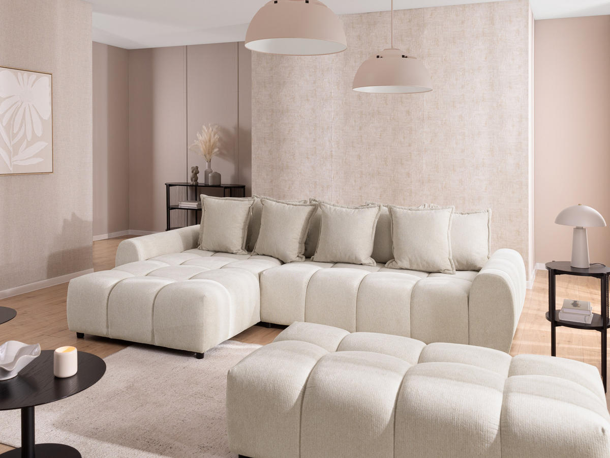 HOCKER Bubble mit Sitzfläche in Bubble-Optik aus weichem Hellbeige Strukturstoff mit schöner Sitzkomfort - Beige/Schwarz, Holz/Kunststoff (147/42/74cm) - S-Style Möbel