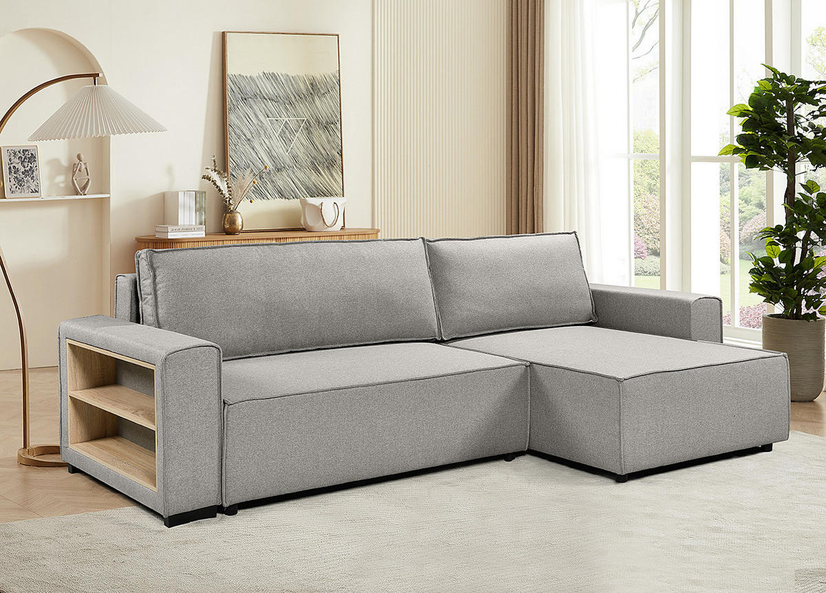 ECKSOFA mit Schlaffunktion - Flachgewebe - Schwarz/Grau, Kunststoff/Textil (284/155cm) - home24