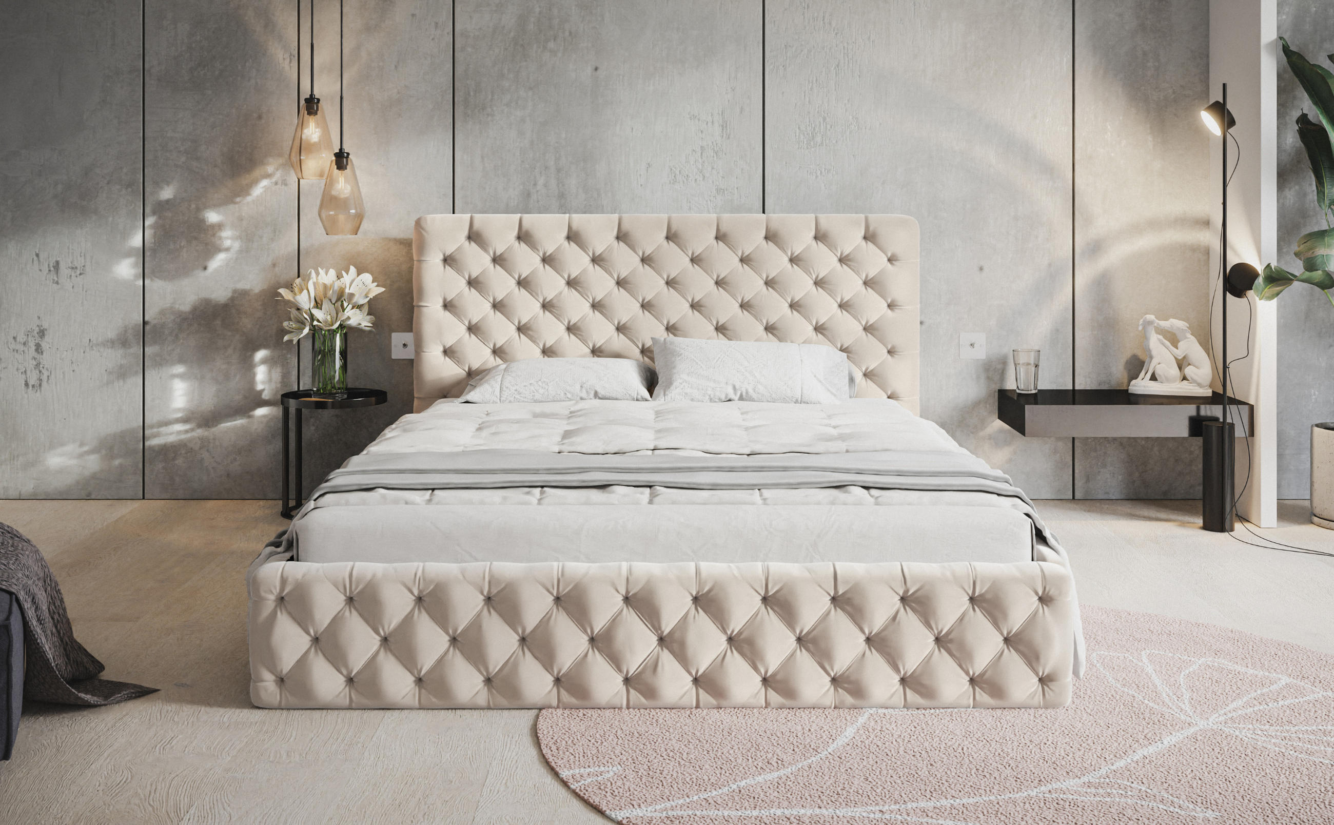 POLSTERBETT MIAMI SLIM, 140 x 200 cm mit Bettkasten und Lattenrost aus Holz, Farbe: Beige, Velourestoff - Beige, Holz/Kunststoff (140/200cm) - Alpi-Möbel