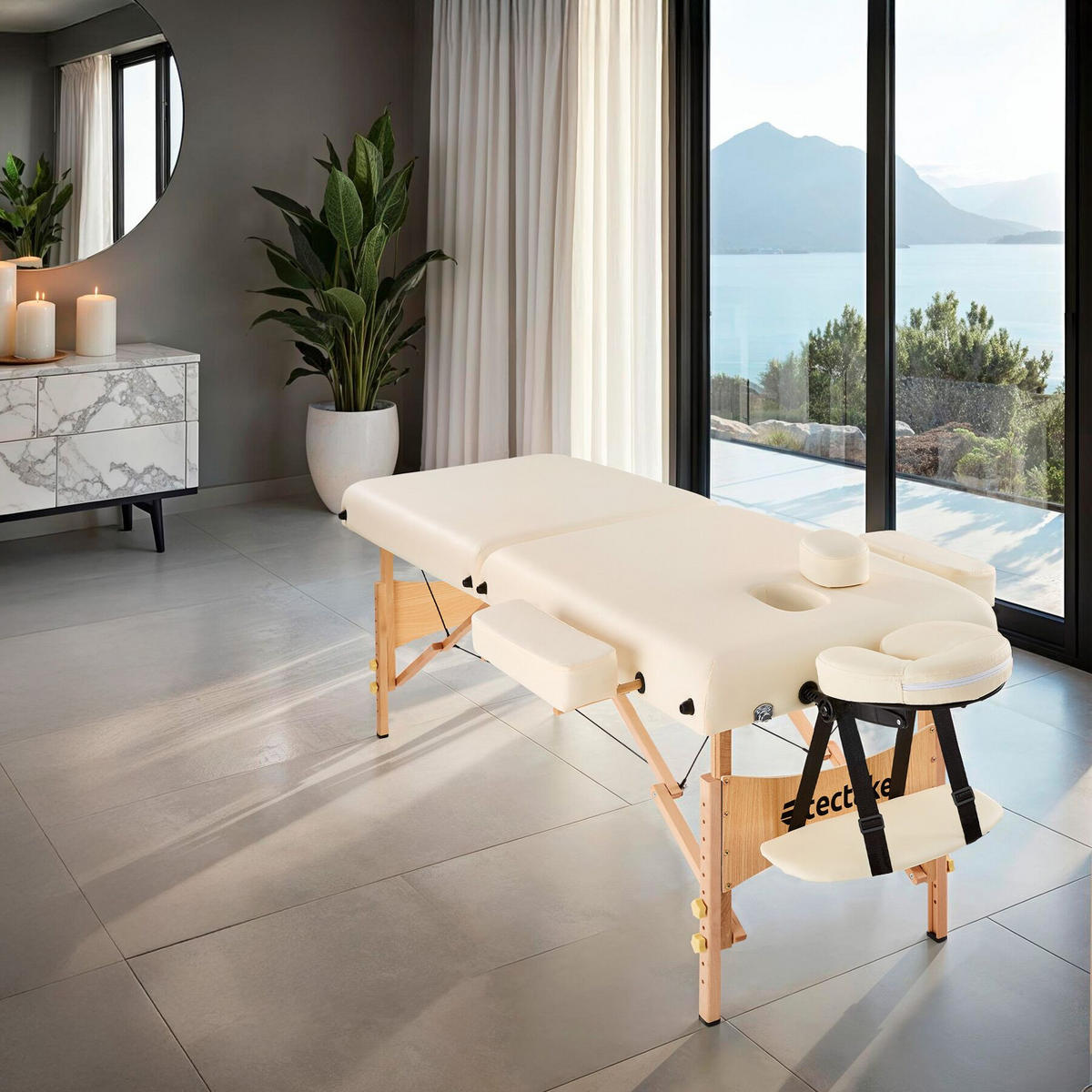 MASSAGELIEGE 2 Zonen, 220 x 83 x 87,5 cm,beige - Beige, Holz (59/65.5/187cm) - tectake