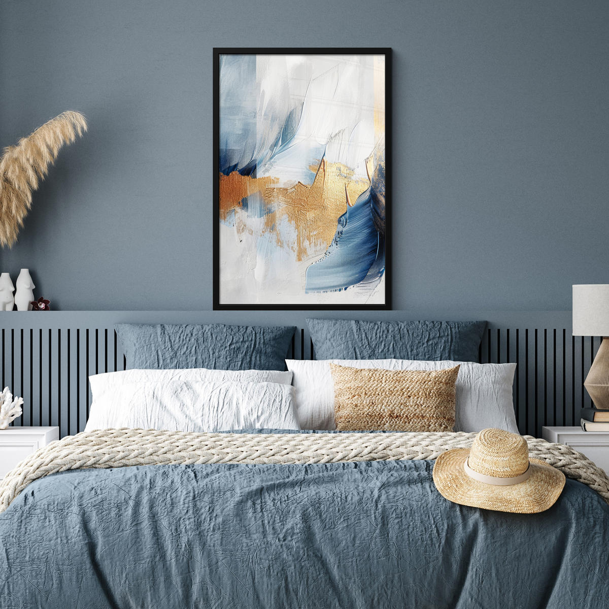 POSTER MIT RAHMEN Gold - Blau - Aquarell - Kunst - Modern 60x90 cm - Hellblau, Papier (60/90cm) - MuchoWow