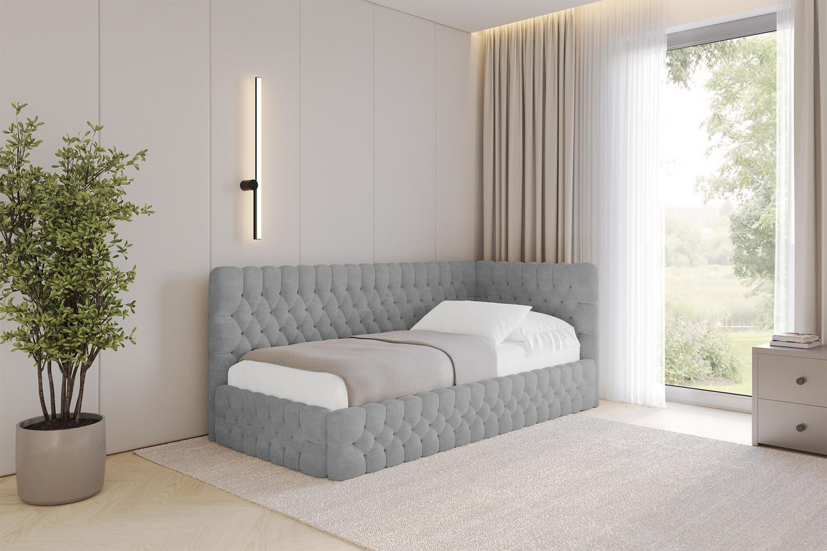 EINZELLBETT Jugendbett mit Bettkasten, Links - MULY 90x200 Grau - Hellgrau, Holzwerkstoff/Textil (90/200cm) - ALTDECOR