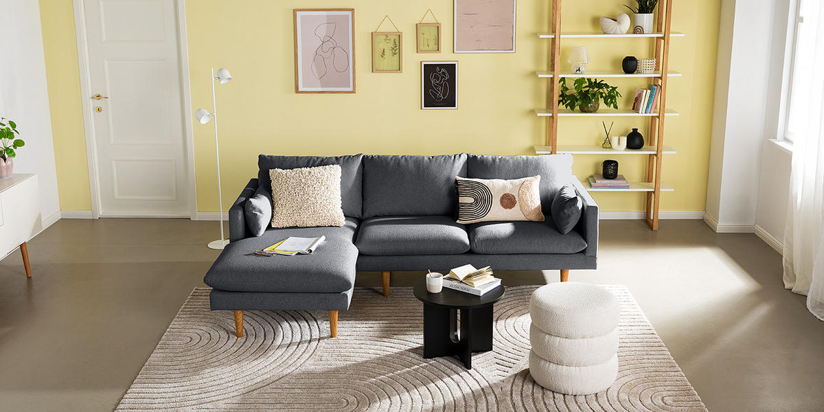 ECKSOFA mit Longchair - Webstoff - Buchefarben/Grau, Holz/Buchenholz (242/150cm) - home24