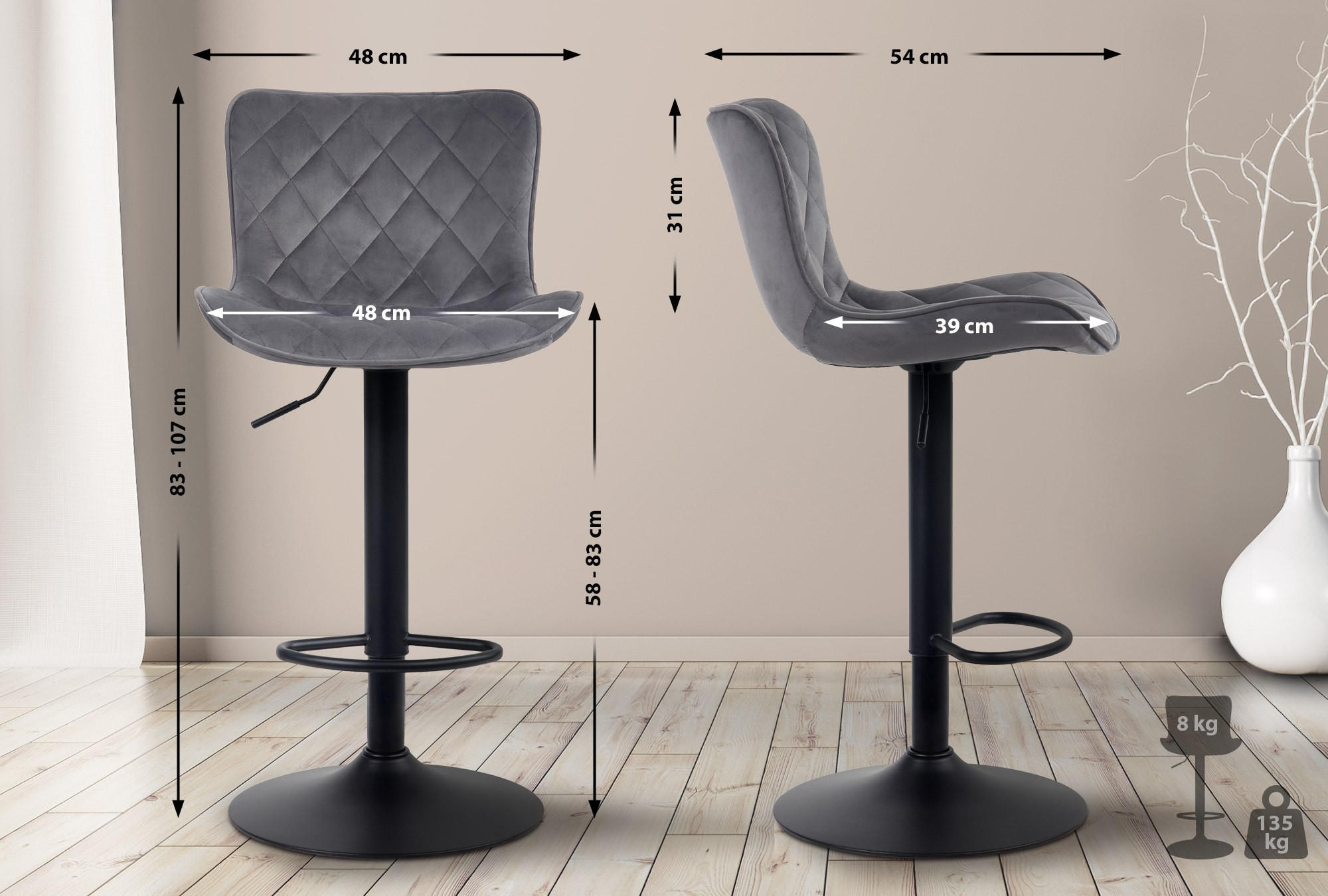 BARHOCKER Samt dunkelgrau - Dunkelgrau/Schwarz, Textil/Metall (48/83/54cm) - CLP