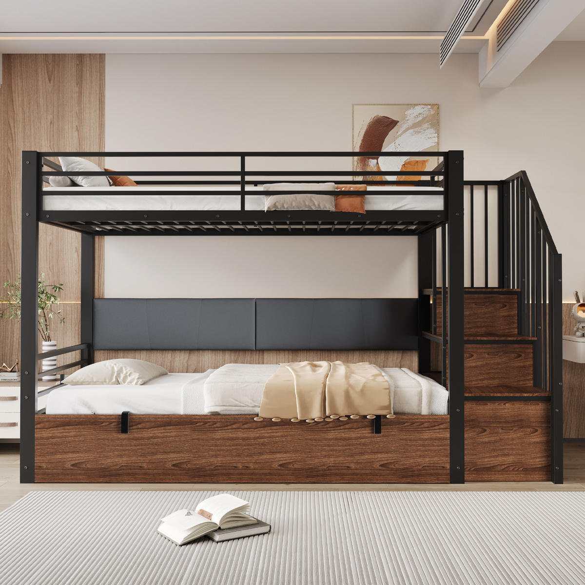 ETAGENBETT 90/200 cm DE-01541, in Schwarz, mit hydraulischer Funktion und gepolsterter Rückenlehne - Schwarz, Metall (90/200cm) - ComfortXL