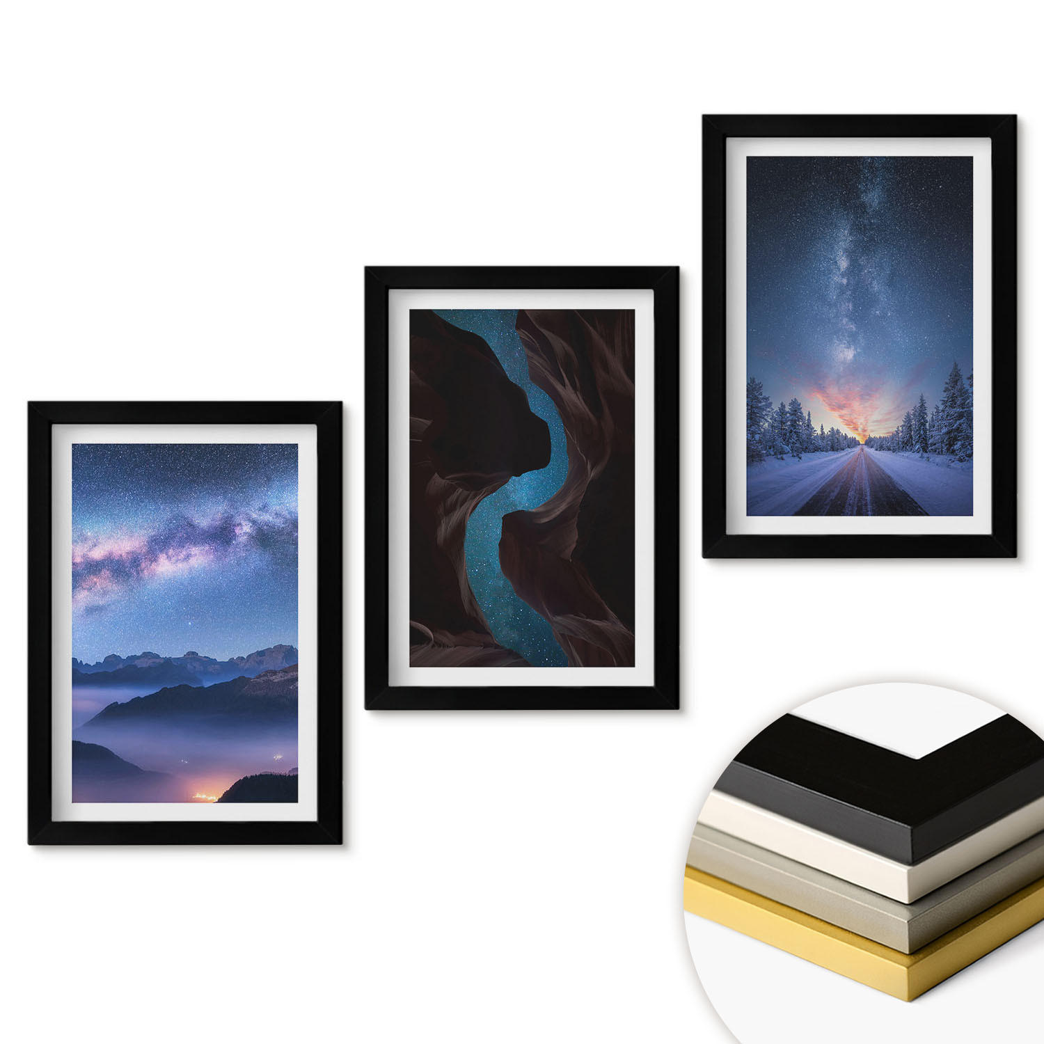 WANDBILDER 3er-Set - 20x30 cm Schwarzer Rahmen - Nachthimmel, Berge, Winterlandschaft - Schwarz, Kunststoff (20/30cm) - ArtPrintCave