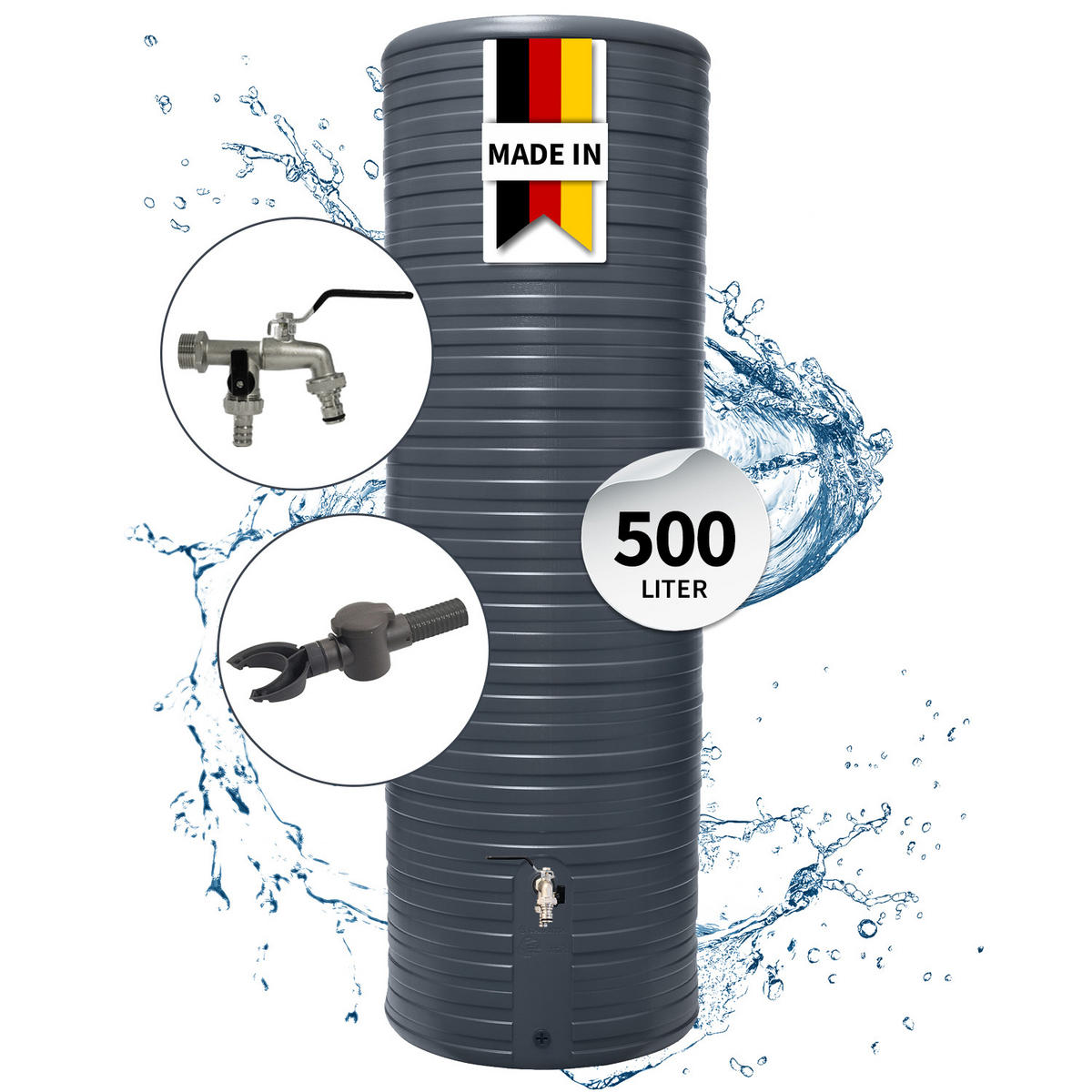 REGENTONNE Komplett-Set 500 L, graphite grey inkl. Chrom-Doppelauslaufhahn und Fallrohranschluss - Grau, Kunststoff (61/185/65cm) - GARANTIA