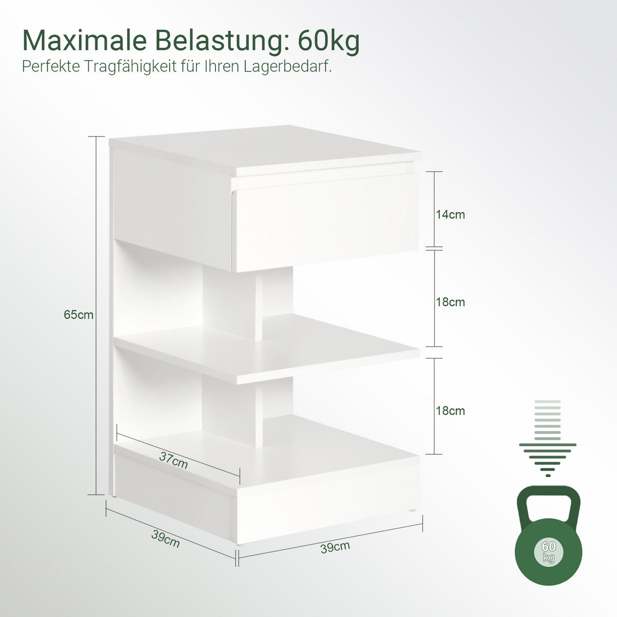 NACHTTISCH Weiß - Weiß, Holzwerkstoff (39/39/65cm) - SoBuy