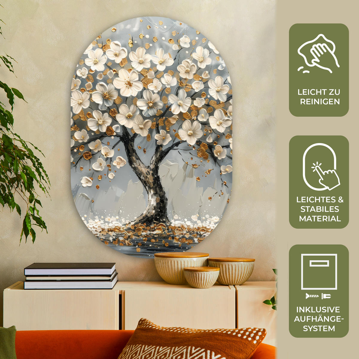 WANDBILD Baum - Gold - Blumen - Abstrakt - Kunst 80x120 cm - Goldfarben, Kunststoff (80/120cm) - MuchoWow