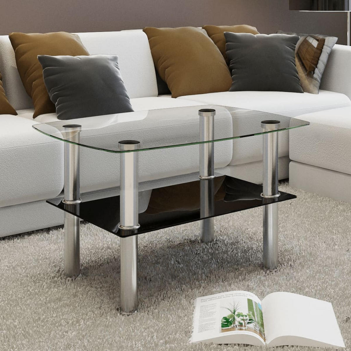 COUCHTISCH mit Ablage Glas - Silberfarben, Glas (65/65/43cm) - furnicato