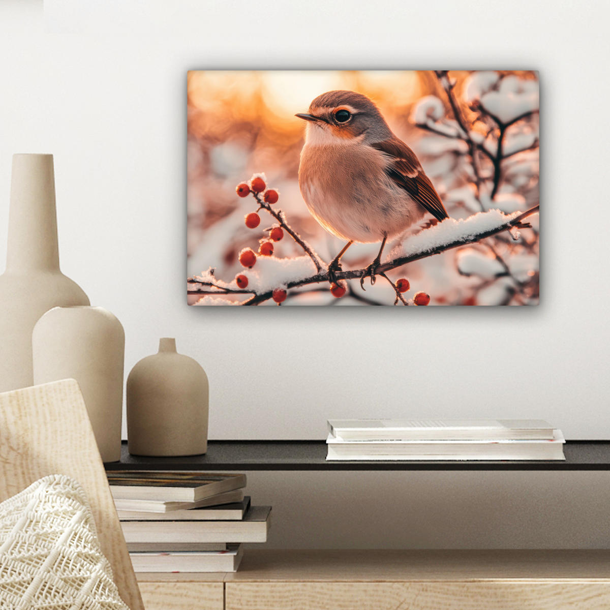 LEINWANDBILD Vogel - Zweig - Winter - Tiere - Schnee 30x20 cm - Bernsteinfarben, Textil (30/20cm) - MuchoWow