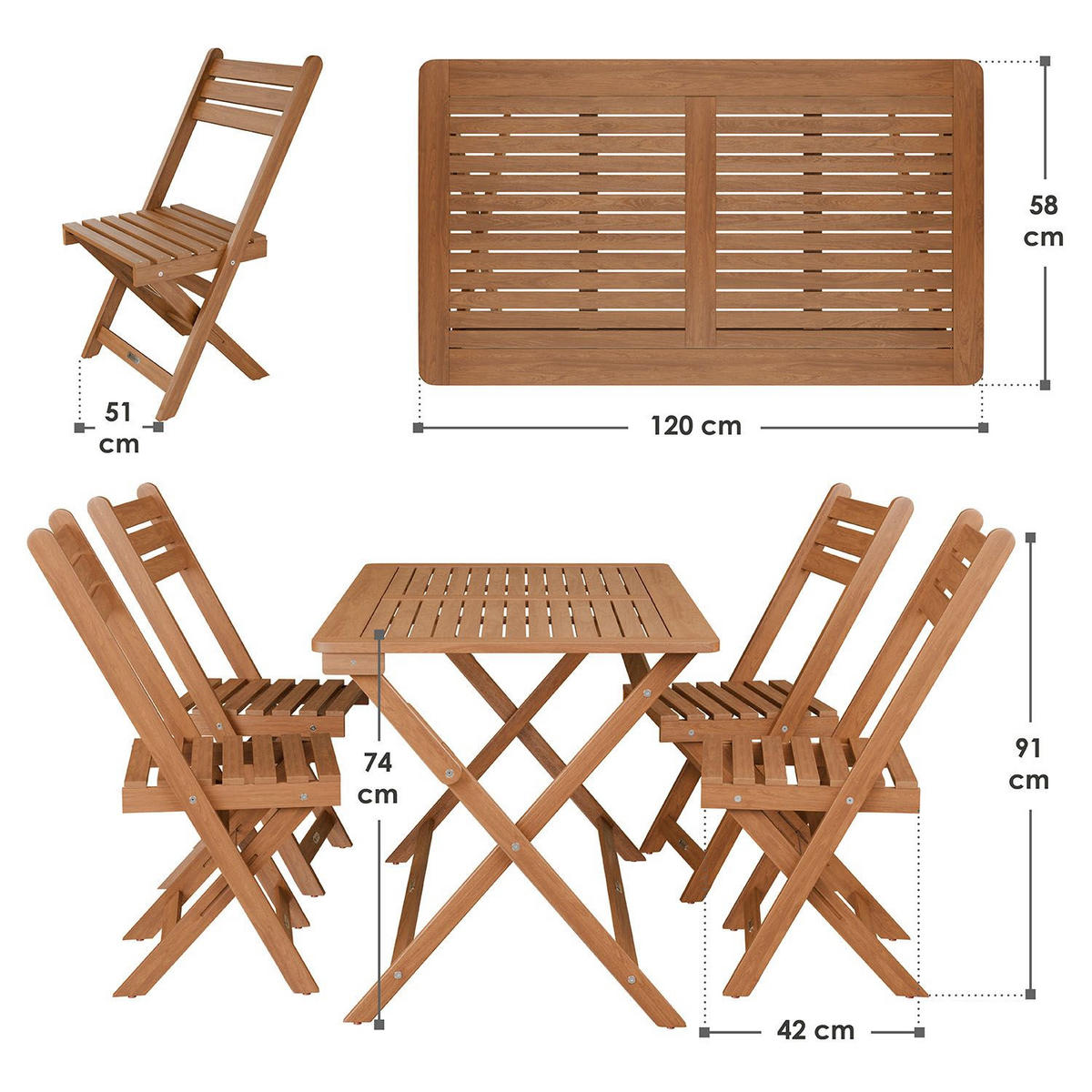 GARTENMÖBELSET Rimini 5-tlg 120x57,5 cm natur - Naturfarben, Holz - Juskys
