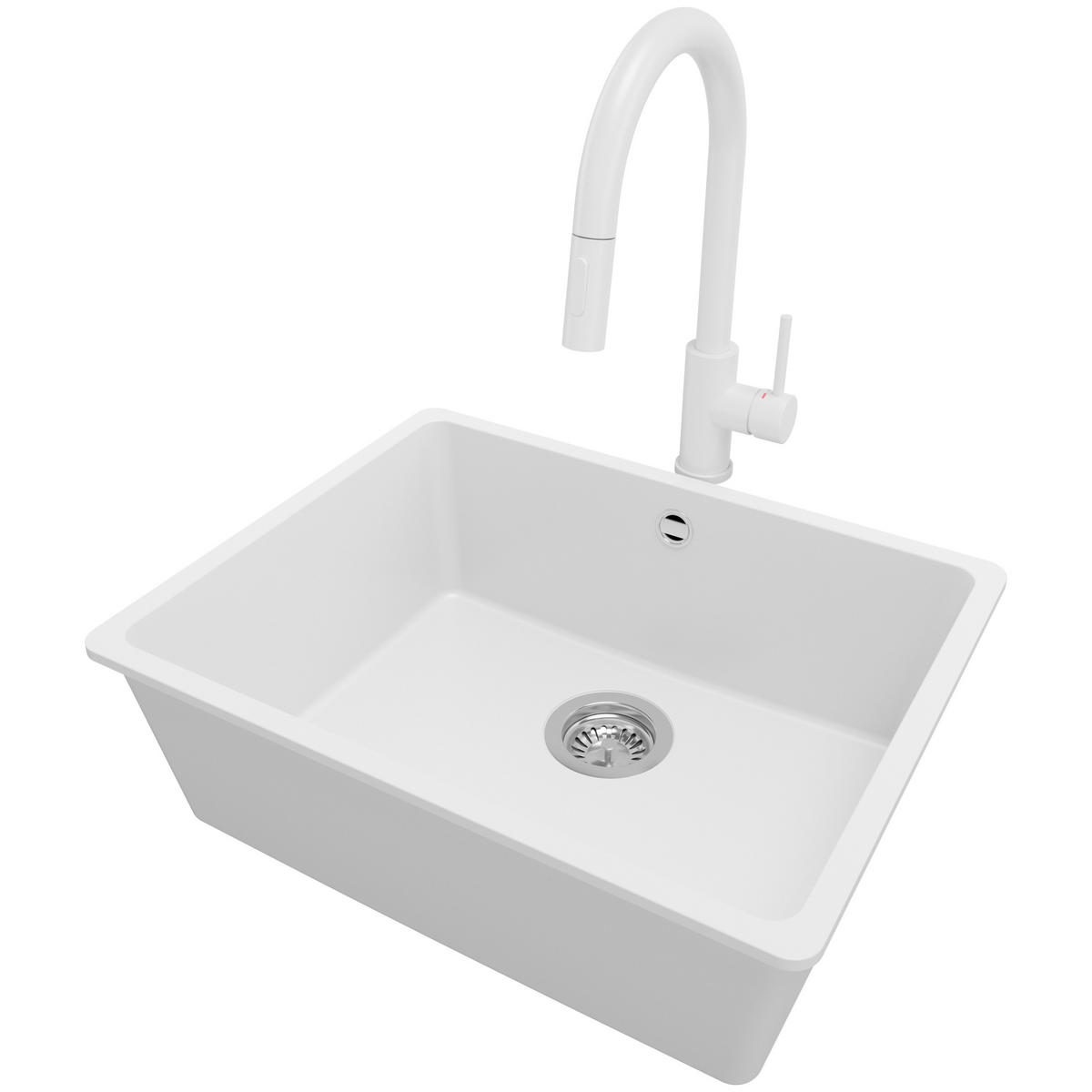 GRANITSPÜLE Venedig Slim Easy, 2-er set Weiß 56/44 cm 1 Becken + Küchenarmatur 40/20 cm + Ablauf-Set ab 60er Unterschrank - Chromfarben/Weiß, Kunststoff (56/20/44cm) - Primagran