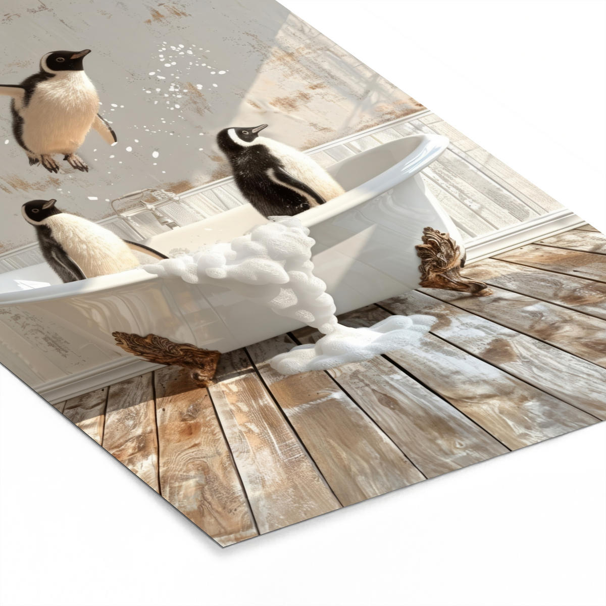 GERAHMTES BILD Vintage - Pinguin - Badewanne - Schaumstoff 80x120 cm - Schwarz, Papier (80/120cm) - MuchoWow