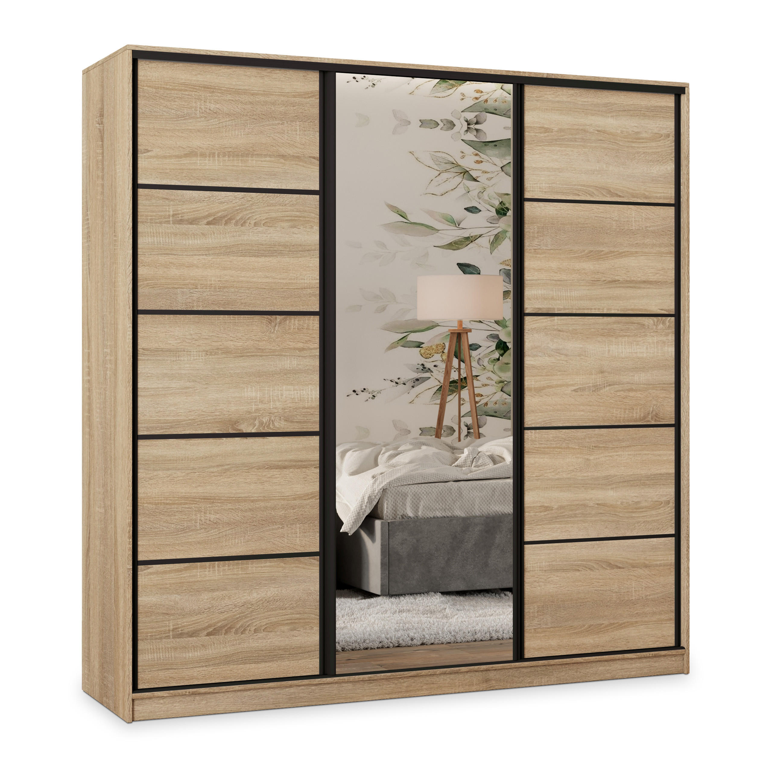 SCHWEBETÜRENSCHRANK PINA 180/205/58 cm 3-türig mit Spiegel und Schubladen Sonoma Eiche - Schwarz/Sonoma Eiche, Holzwerkstoff (180/205/58cm) - MASSENO