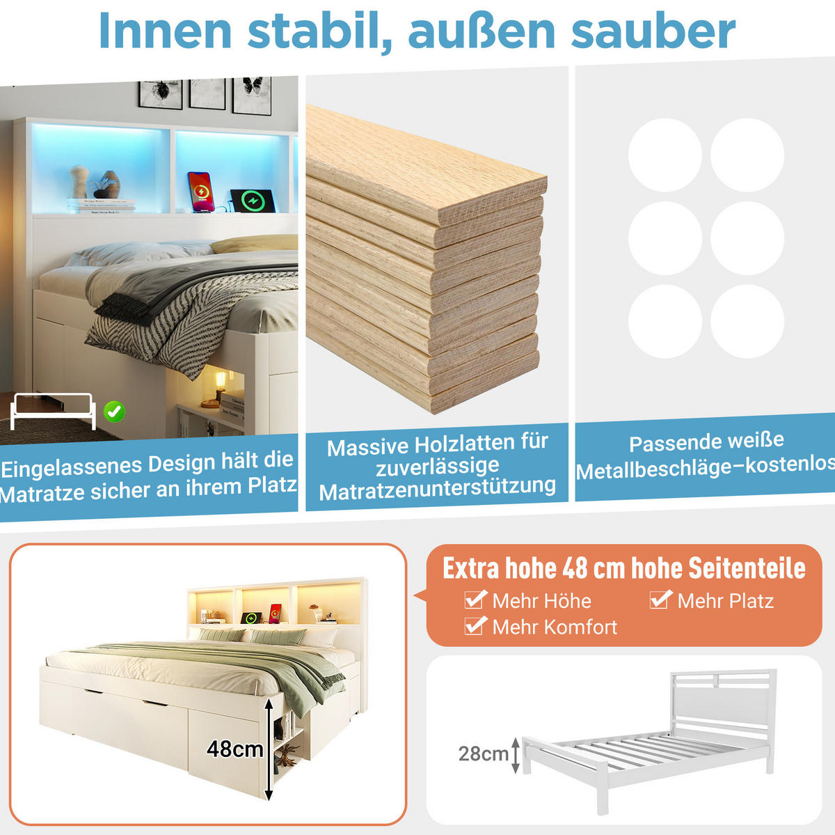 FUNKTIONSBETT 90/200 cm mit LED-Beleuchtung, USB-C, Stauraum und beweglichem Nachttisch und Matratze aus Holz, Weiß - Weiß, Holzwerkstoff (90/200cm) - Redom