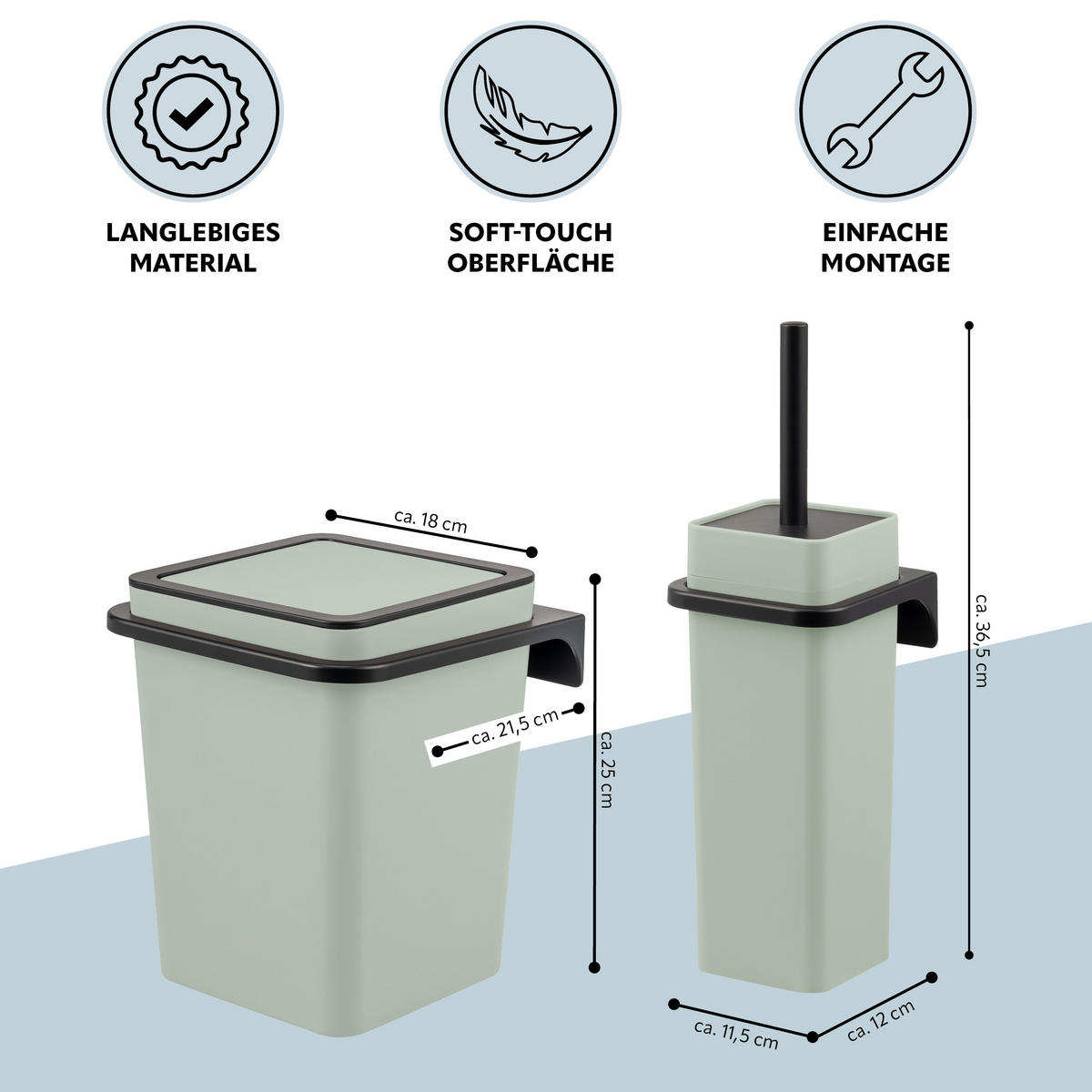 BAD-ACCESSOIRE-SET 2-TLG. Bürste u. Eimer SAVONA Softtouch inkl. Wandhalterung, eckig - salbei - Salbeigrün, Kunststoff (18/25/21cm) - bremermann