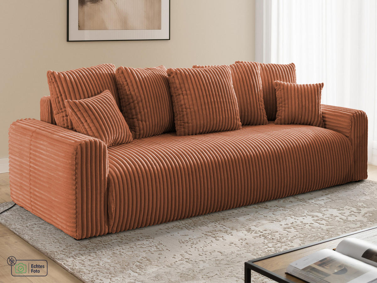 SCHLAFSOFA Calma mit Bettkasten im Bumpy-Design aus weichem Terrakotta Plüschcord - Terracotta/Schwarz, Holz/Kunststoff (239/88/98cm) - S-Style