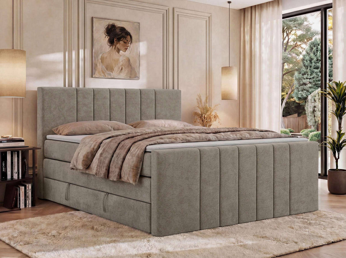 BOXSPRINGBETT INERO DUO KING 180/200 - Greige Stukture - Topper Visco - H3 - Greige/Schwarz, Kunststoff/Textil (180/200cm) - MKS