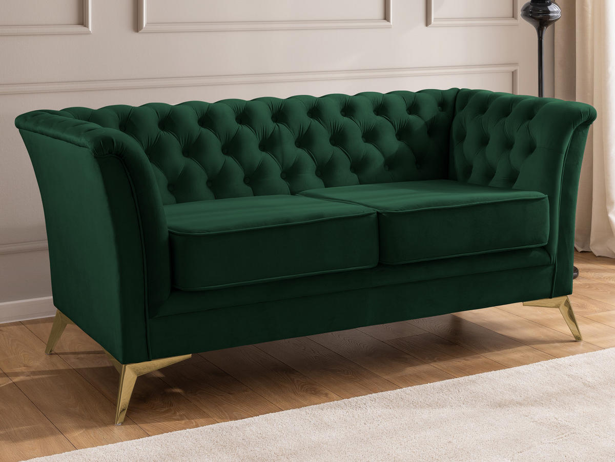 CHESTERFIELD-SOFA 2-sitzer Whitby Flaschengrün Samt mit goldenen Füßen - Dunkelgrün/Goldfarben, Holz/Textil (175/78/82cm) - S-Style Möbel