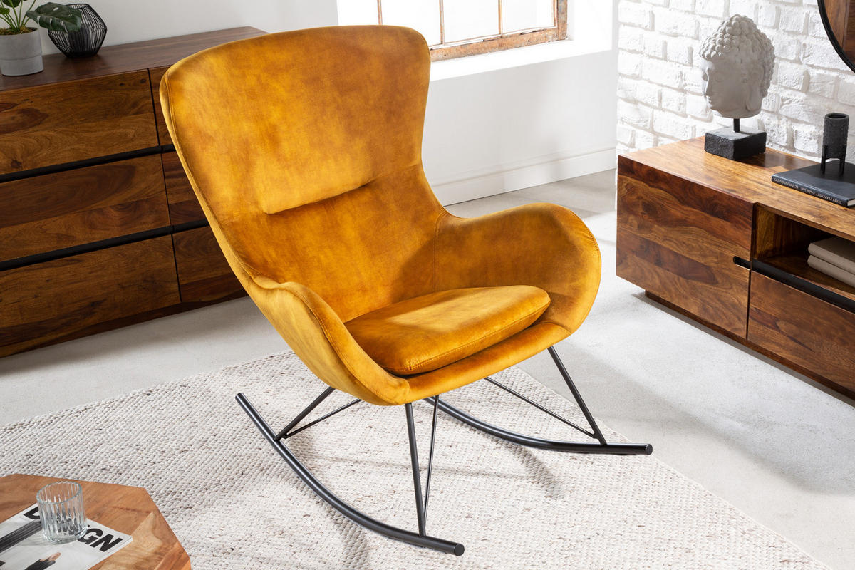 SCHAUKELSTUHL SCANDINAVIA SWING Samt Senfgelb 115 cm - Gelb/Schwarz, Textil/Metall (77/99/115cm) - riess-ambiente