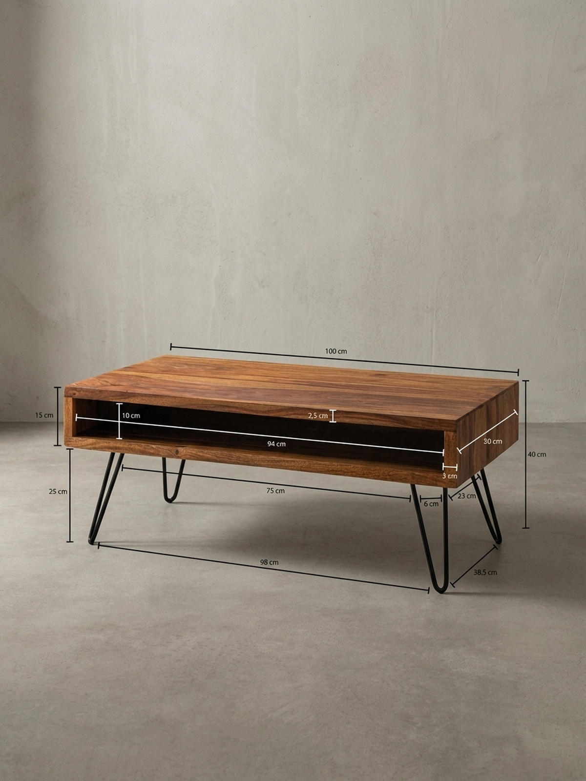 COUCHTISCH Sheeshamholz, Pulverbeschichtet mit Ablagefach, Maße 100x40x50 cm - Schwarz/Braun, Holz/Metall (50/100/40cm) - KADIMA DESIGN