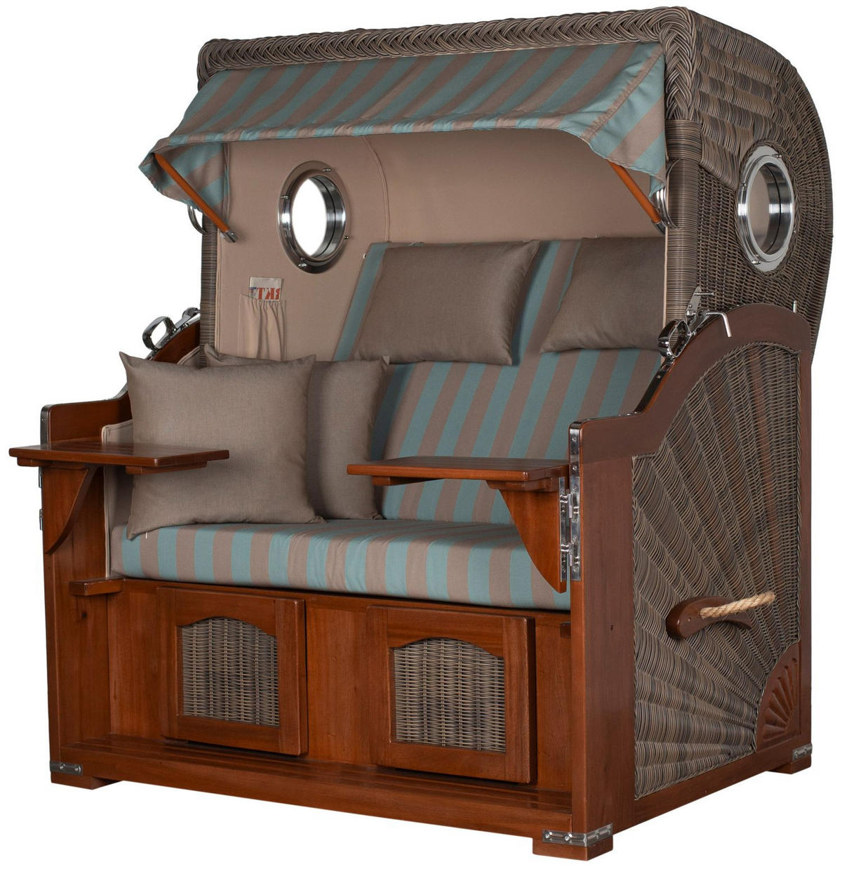 STRANDKORB Komplettset: Ammersee Grande XL Mahagoni Bullauge - PE grau - Modell 520 - Blau/Braun, Holz/Kunststoff (142/165/95cm) - bene living