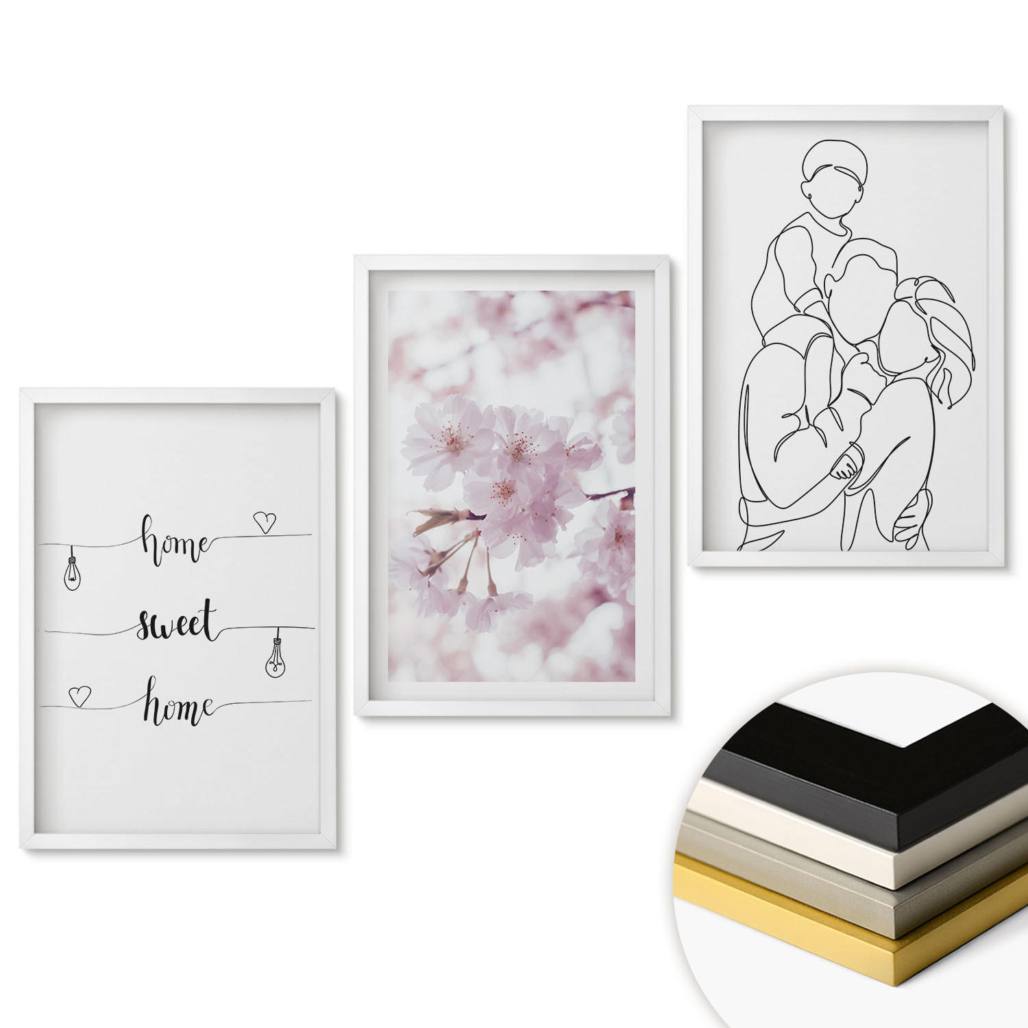WANDBILDER 3er-Set - 40x60 cm Weißer Rahmen - Blumenfamilie minimalistisch - Weiß, Kunststoff (40/60cm) - ArtPrintCave