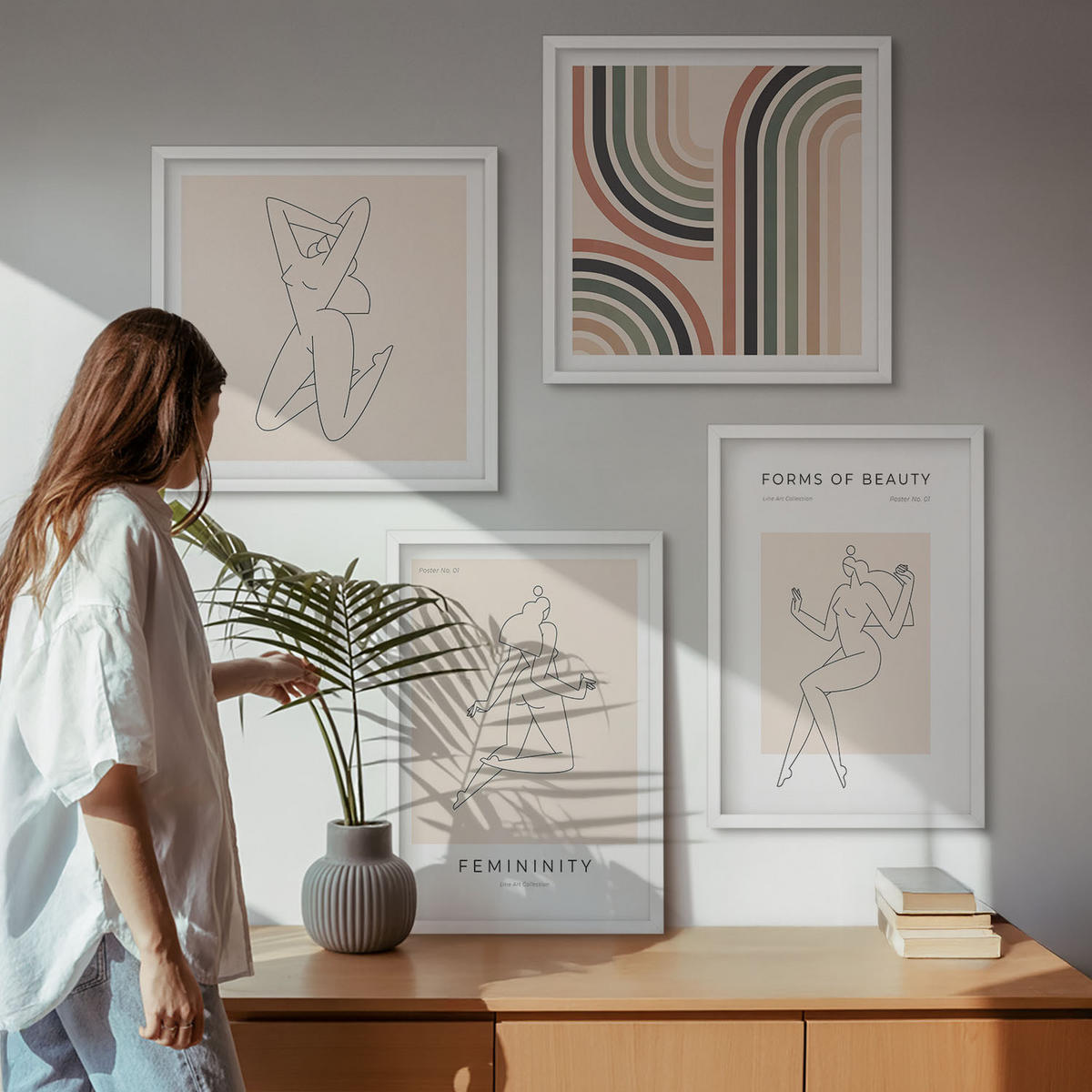 BILDER SET 4er Set - 50x50 cm & 40x60 cm Weißer Rahmen - Weibliche Silhouetten auf Plakaten - Weiß, Kunststoff (50/50cm) - TULUP