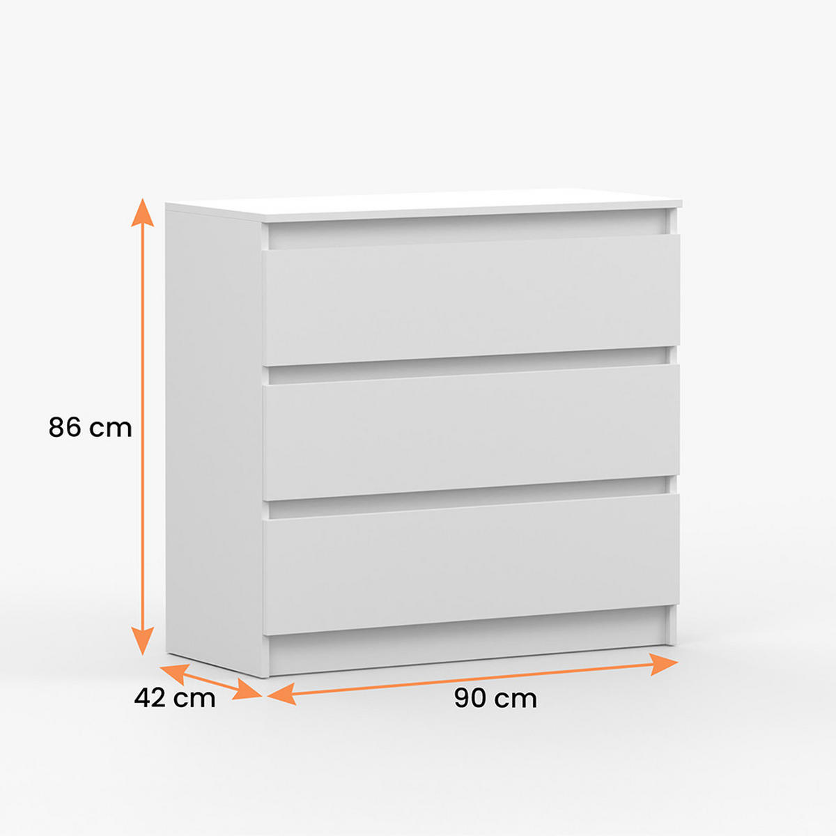 KOMMODE SOLO 3S, Schlafzimmer, Sideboard Anrichte 90 cm Weiß/Weiß, drei Schubladen, grifflos - Weiß, Holzwerkstoff (90/86/42cm) - imoebel24