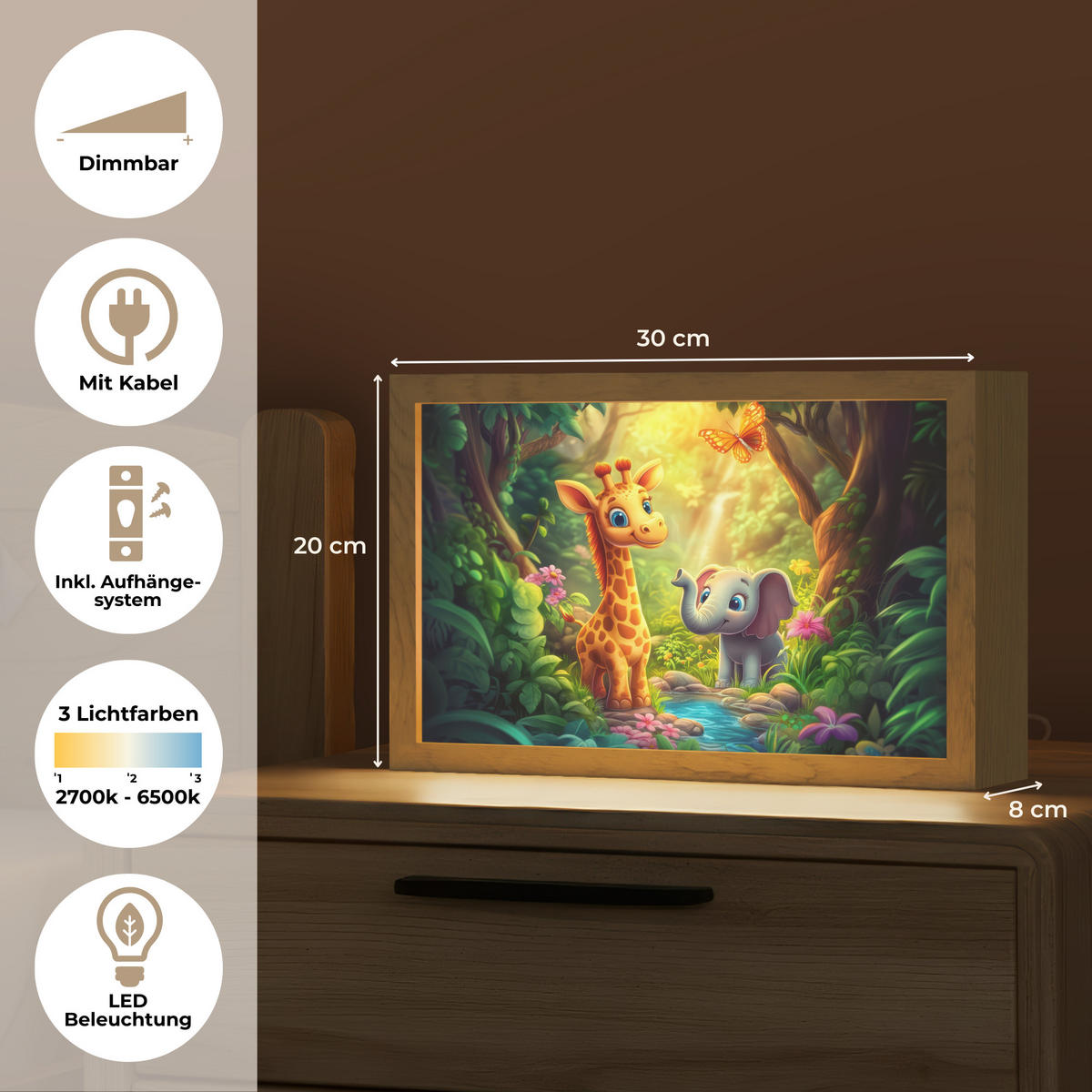 NACHTTISCHLAMPE Giraffe - Elefant - Blumen - Dschungel 30x20 cm - Grün, Holzwerkstoff (8/30/20cm)