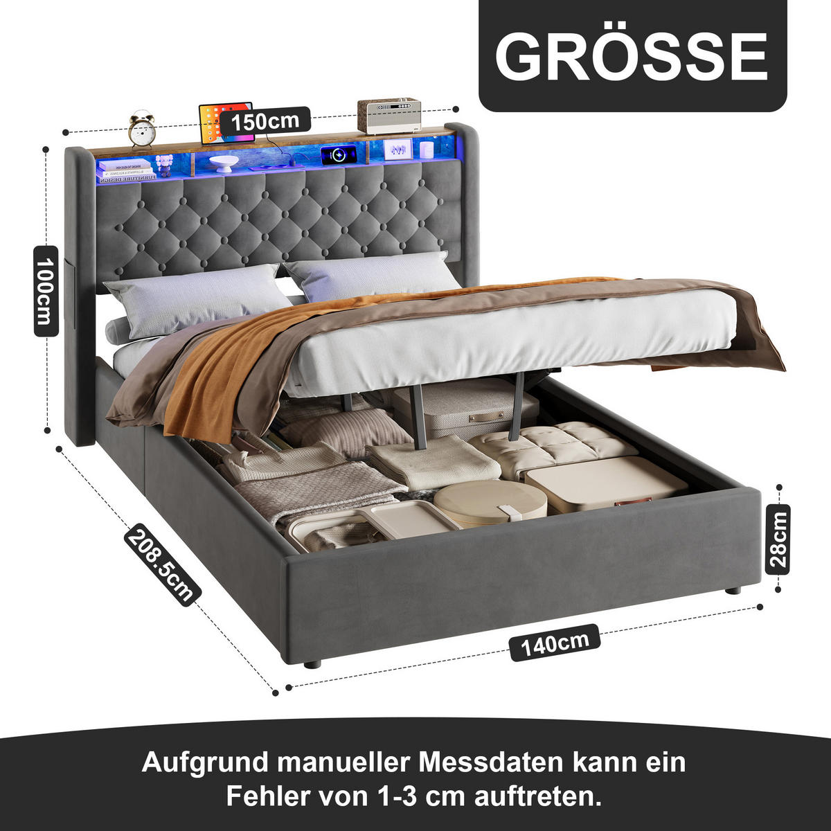 POLSTERBETT 140/190 cm in Dunkelgrau Samt mit Bettkasten, LED-Beleuchtung und USB-Anschluss - Dunkelgrau, Holzwerkstoff/Textil (140/190cm) - CHICFURN