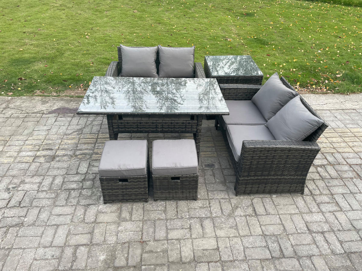 GARTENMÖBELSET mit 2-Sitzer Sofa,Esstisch,2 Beistelltischen Polyrattan Dunkelgrau 6-Sitzer - Dunkelgrau/Grau, Glas/Kunststoff - Fimous