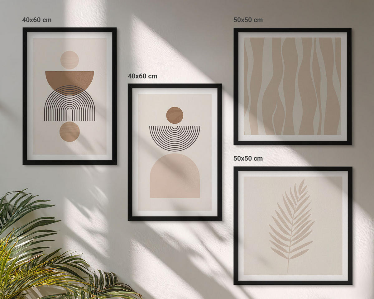 BILDER SET 4er Set - 50x50 cm & 40x60 cm Schwarzer Rahmen - Abstrakte Formen braun beige - Schwarz, Kunststoff (50/50cm) - TULUP