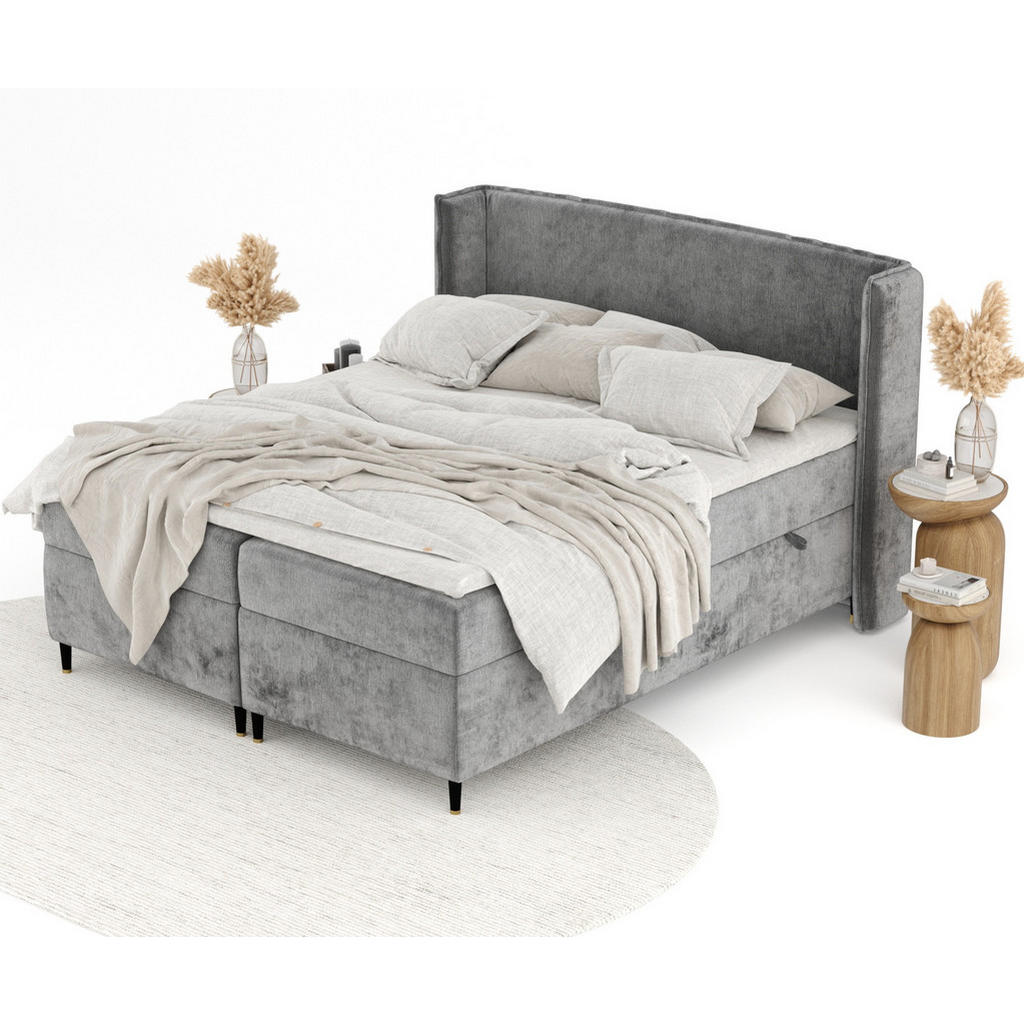 Thumbnail - Maison de Reve Boxspringbett, Dunkelgrau, Textil, Buche, Kiefer, H3, Höhe ca. 19 cm, 140x200 cm, Oeko-Tex® Standard 100,...