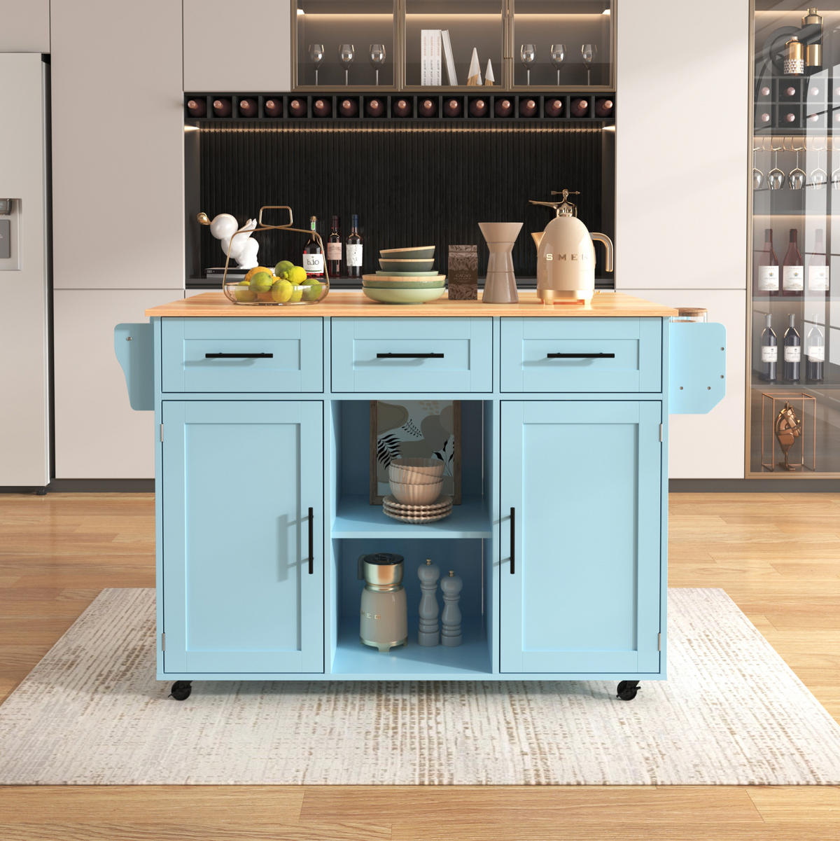 KÜCHENWAGEN mit Klappplatte 139 x 46(71) x 91,5 cm Blau - Blau, Holz (46/91.5/139cm) - Beauniv