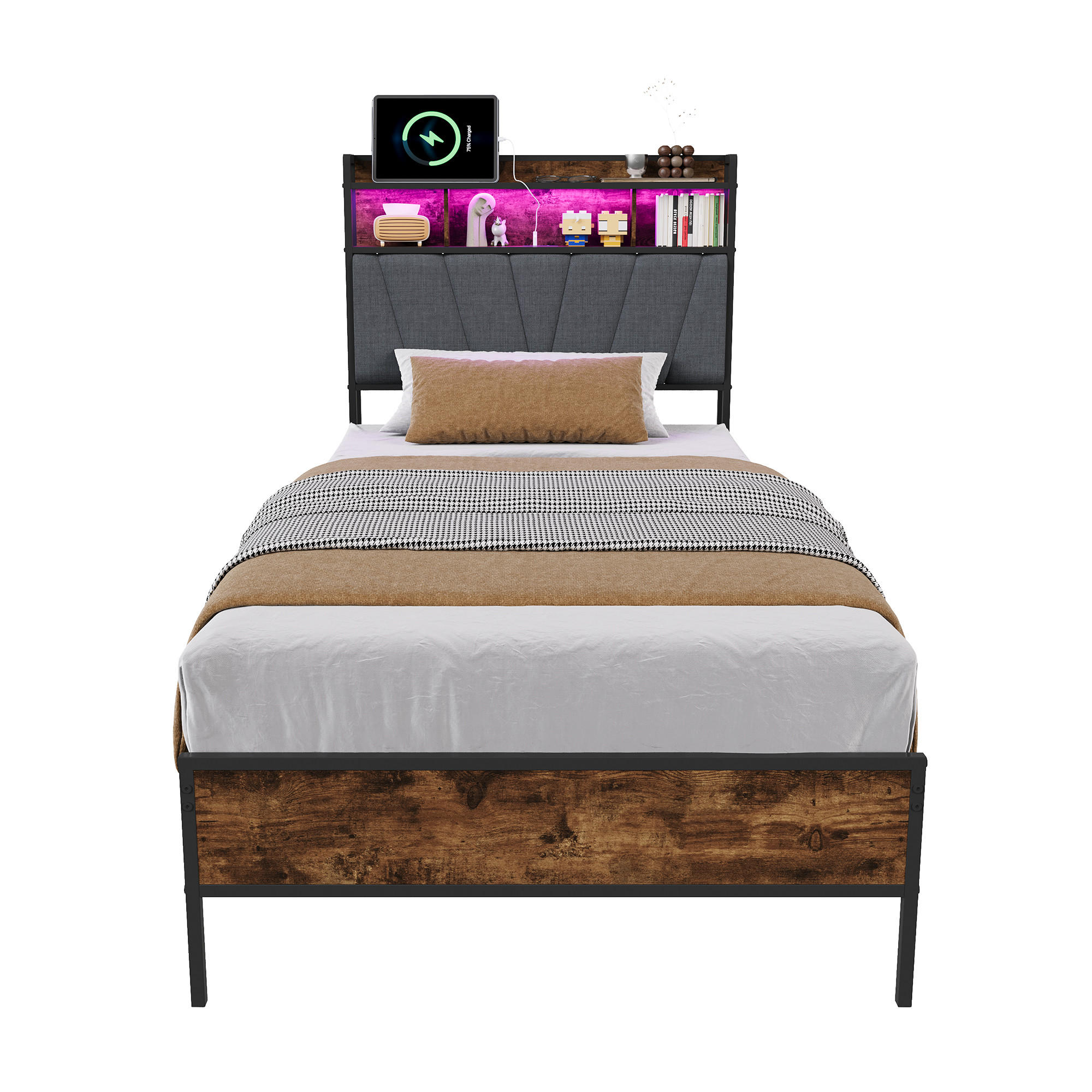 POLSTERBETT 90x200 cm mit RGB-LED, Stauraum-Kopfteil und USB - Braun, Holz (90/200cm) - SHOPENTRA