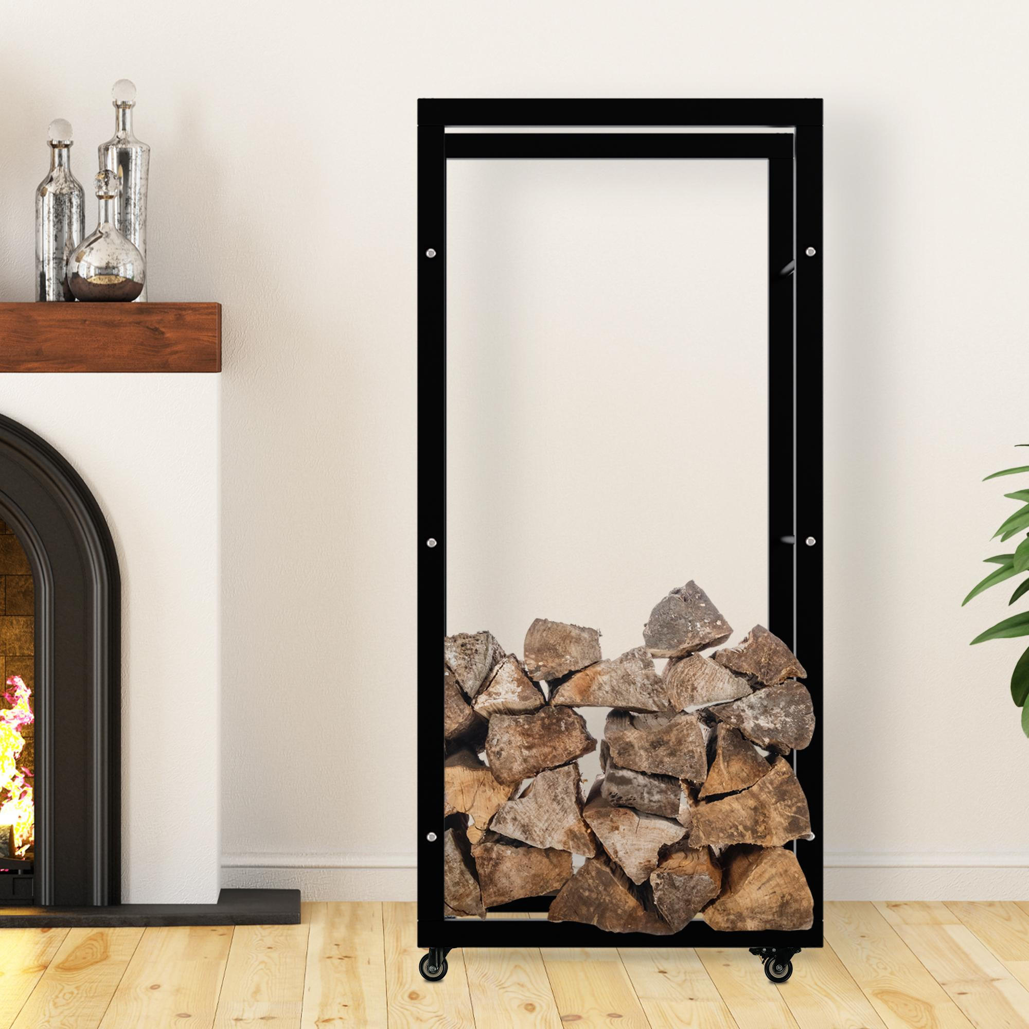 KAMINHOLZREGAL innen Metall SATLO Kaminholzständer mit Rollen Schwarz 25x60x125 cm - Schwarz, Metall (60/125/25cm) - DELUKE